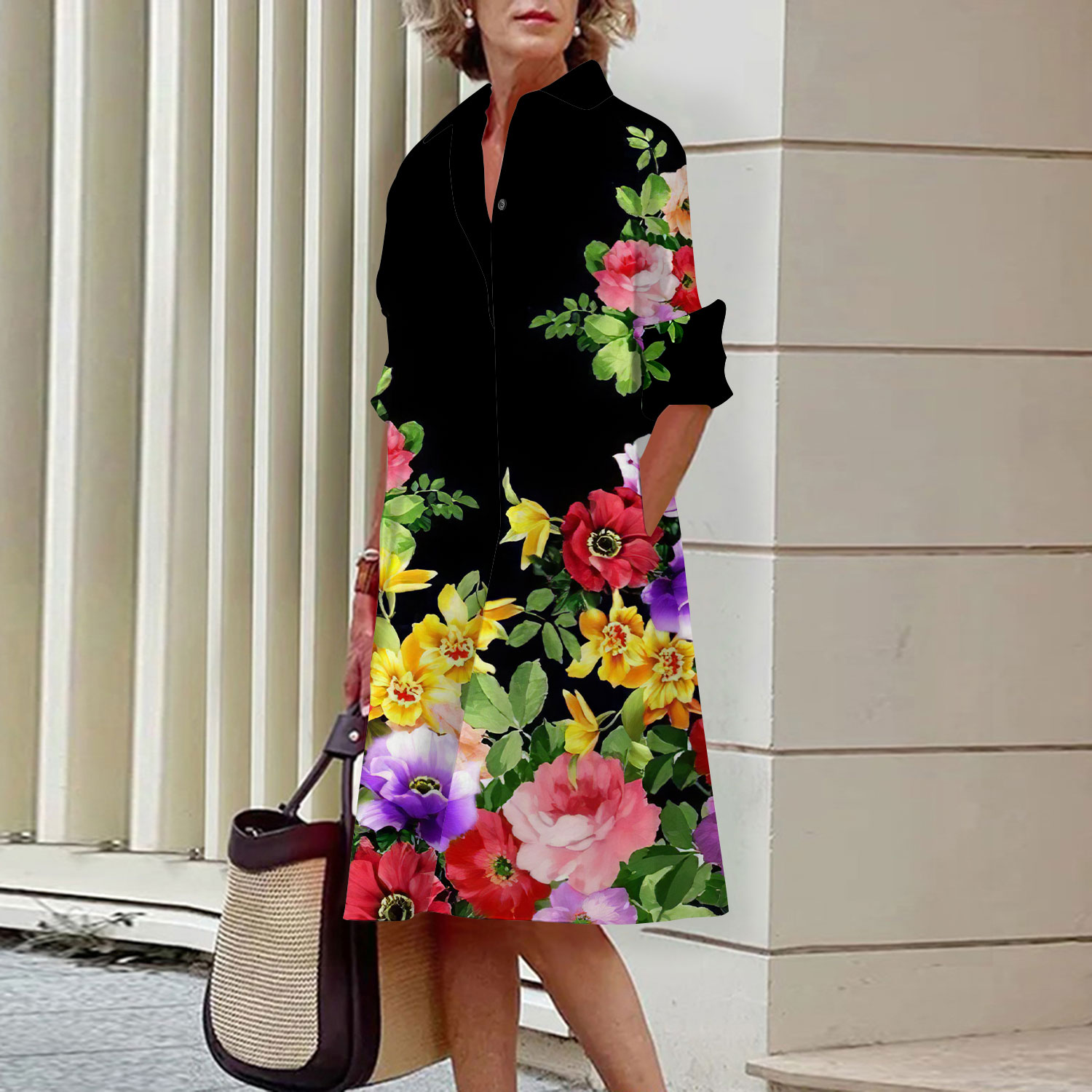 Midi Skirt Floral - Robe chemise mi-longue à manches longues