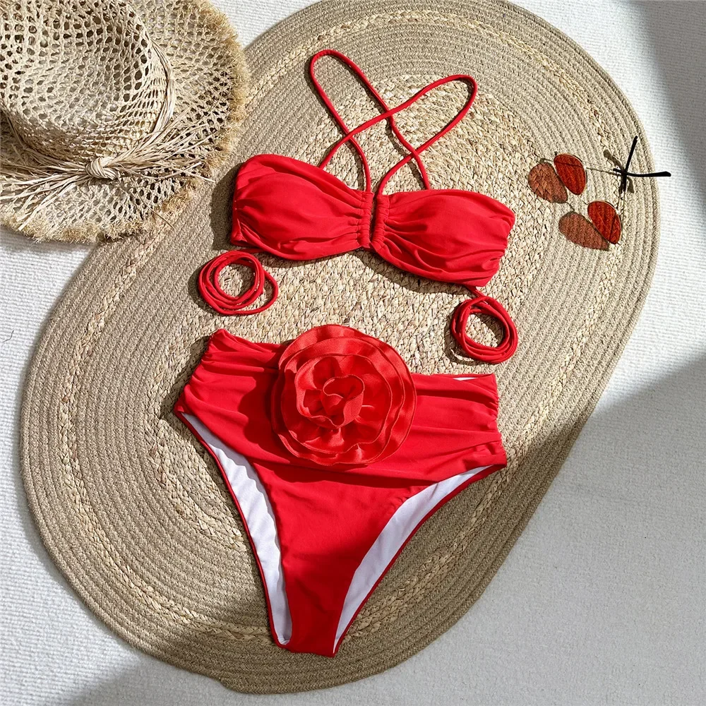Sexy rouge 3D fleur maillots d - Swimsuit Bikini Ruched avis et prix